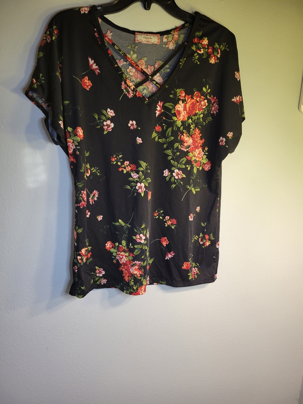Floral Crisscross V-Neck Women's Top - Black with Pink & Green Blooms